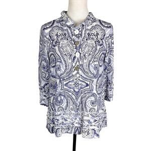 John Mark Blue White Paisley Print Linen Blend Popover Relaxed Summer Top